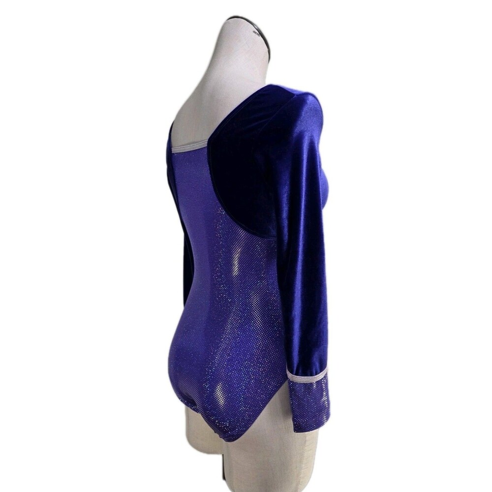 GK Elite VTG Royal Pixelated LS Velvet Sleeves Leotard Blue Violet AS Adult S - Picture 6 of 16